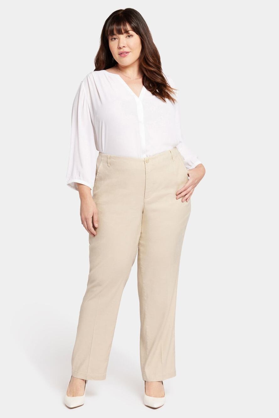 NYDJ Pants 16 Tan Marilyn Straight Linen Blend Pockets Stretch High Waist